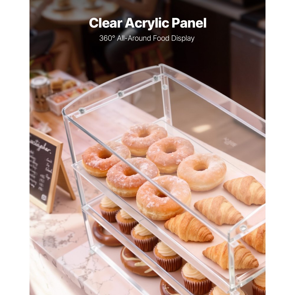 VEVOR Bakery Display Case, 3-Tier Commercial Countertop Pastry Display Case, Clear Acrylic Bread Box for Kitchen, Party