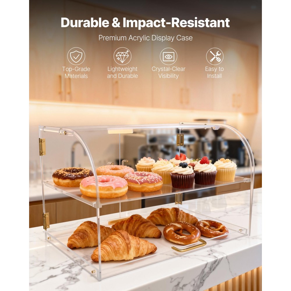 VEVOR Bakery Display Case, 2-Tier Commercial Countertop Pastry Display Case, Clear Acrylic Bread Box for Kitchen, Party