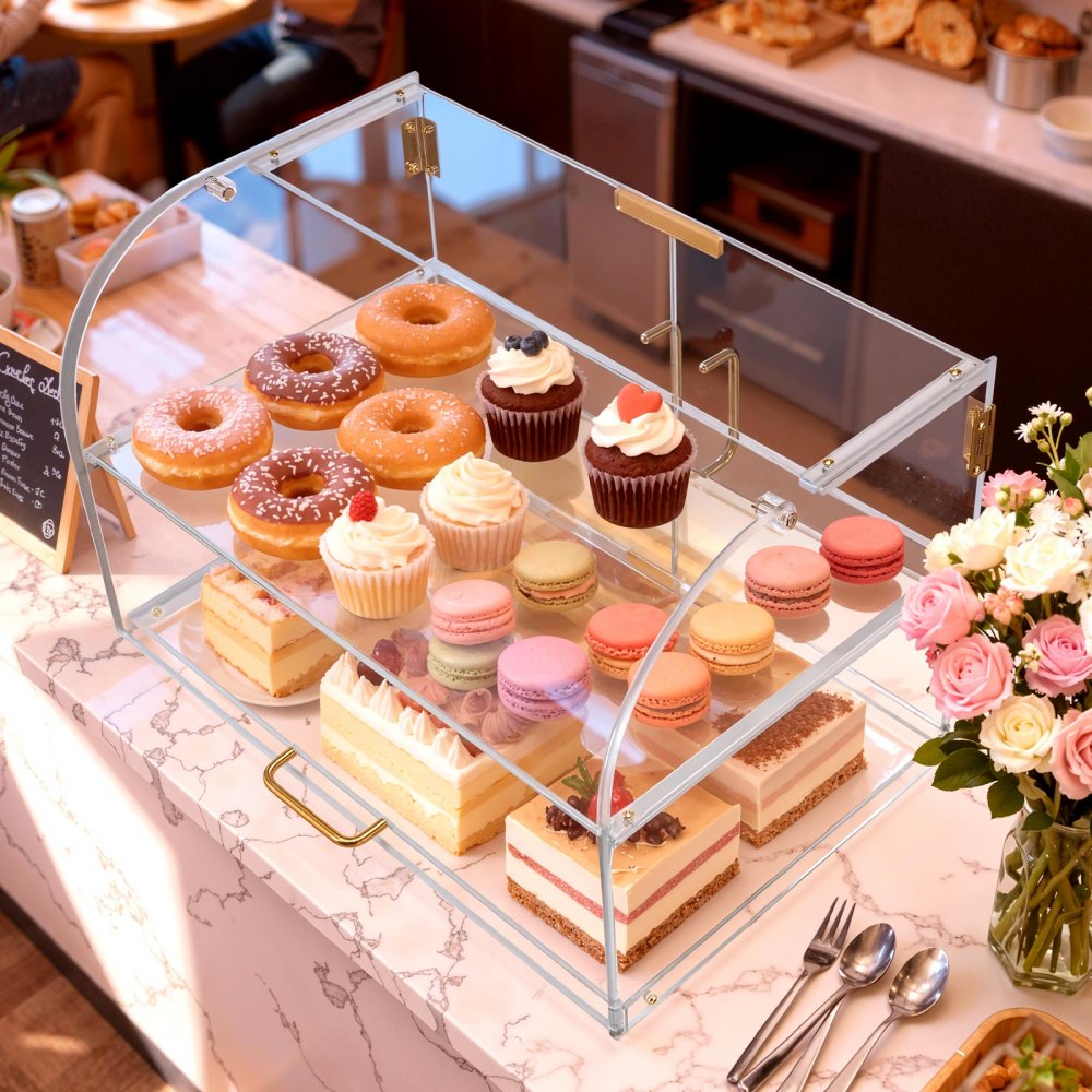 VEVOR Bakery Display Case, 2-Tier Commercial Countertop Pastry Display Case, Clear Acrylic Bread Box for Kitchen, Party