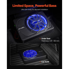 VEVOR 10" 440W Underseat Car Subwoofer, Slim Powered Car Subwoofers with Blue Ambient Light, Low Profile Audio Sub
