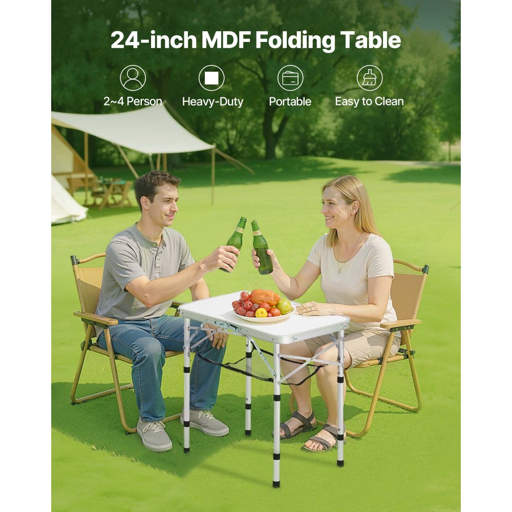 VEVOR Folding Camping Table, Adjustable Height Portable Side Tables, Aluminum MDF Beach Table with Mesh Layer, Carrying