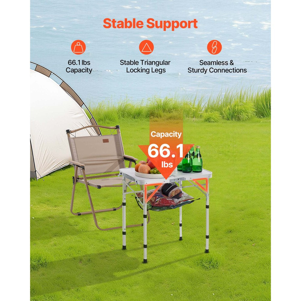 VEVOR Folding Camping Table, Adjustable Height Portable Side Tables, Aluminum MDF Beach Table with Mesh Layer, Carrying