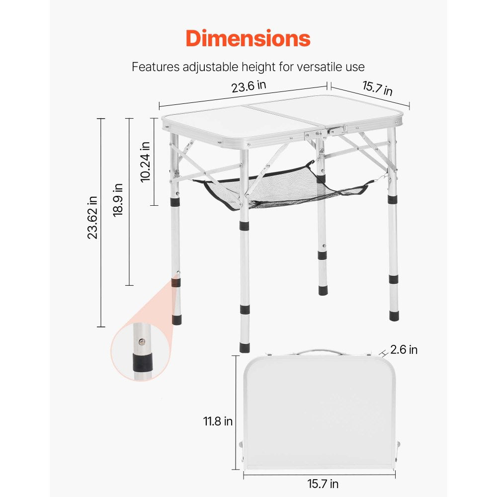 VEVOR Folding Camping Table, Adjustable Height Portable Side Tables, Aluminum MDF Beach Table with Mesh Layer, Carrying