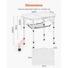 VEVOR Folding Camping Table, Adjustable Height Portable Side Tables, Aluminum MDF Beach Table with Mesh Layer, Carrying