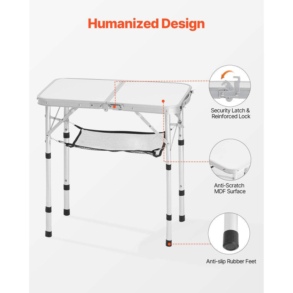 VEVOR Folding Camping Table, Adjustable Height Portable Side Tables, Aluminum MDF Beach Table with Mesh Layer, Carrying