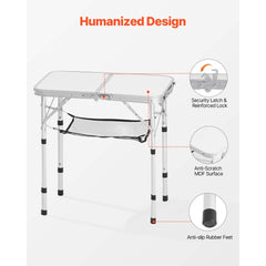 VEVOR Folding Camping Table, Adjustable Height Portable Side Tables, Aluminum MDF Beach Table with Mesh Layer, Carrying