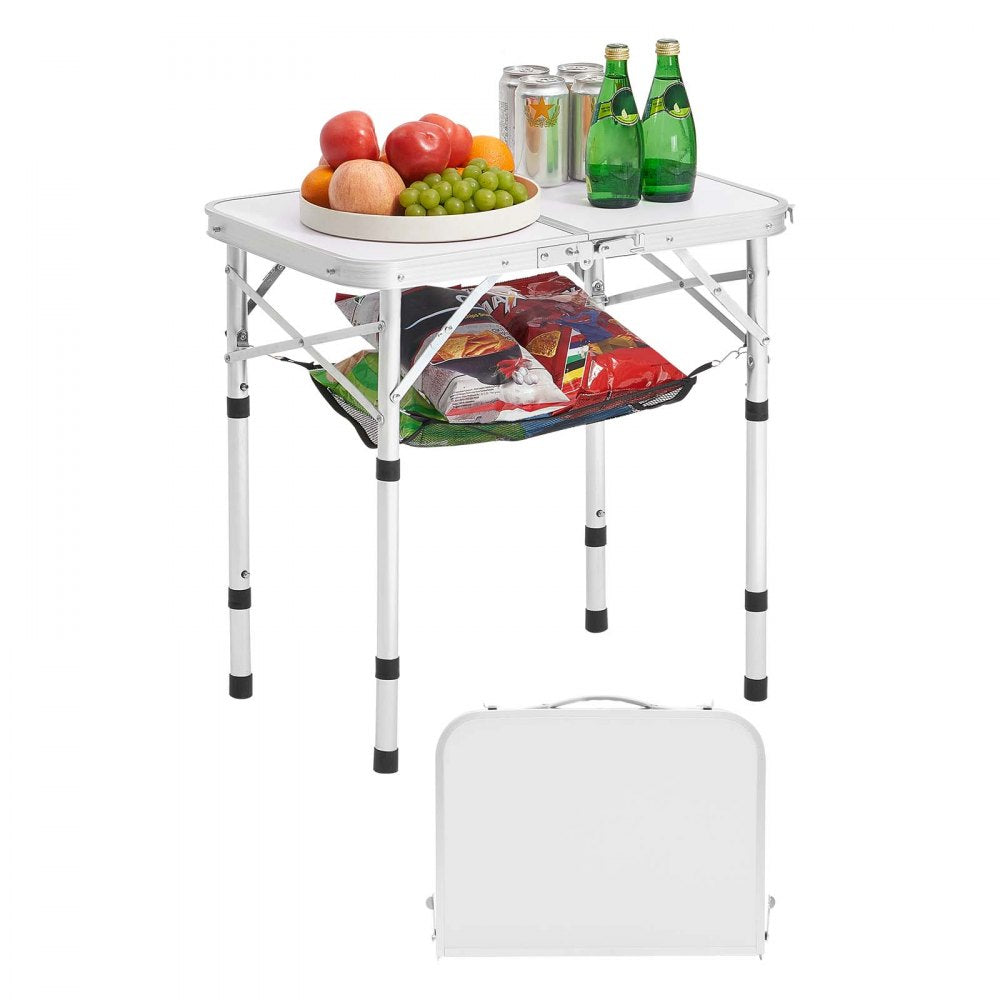 VEVOR Folding Camping Table, Adjustable Height Portable Side Tables, Aluminum MDF Beach Table with Mesh Layer, Carrying