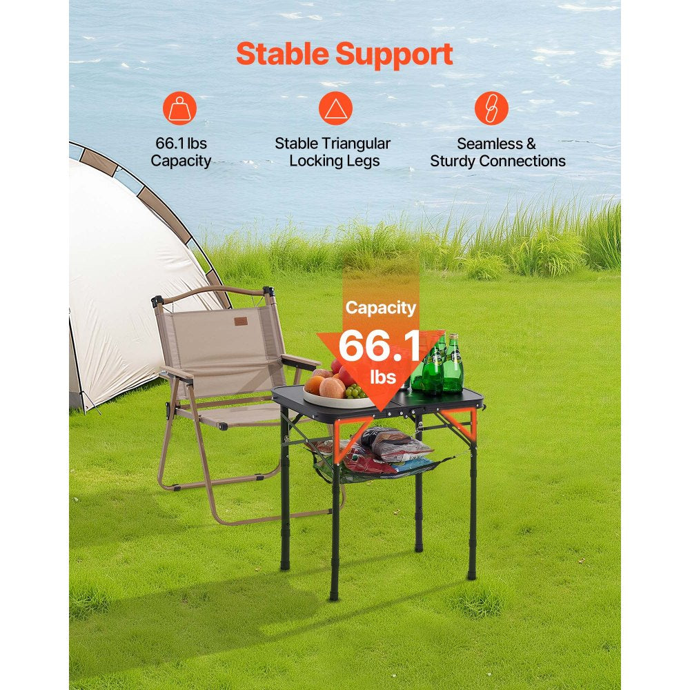 VEVOR Folding Camping Table, Adjustable Height Portable Side Tables, Aluminum MDF Beach Table with Mesh Layer, Carrying