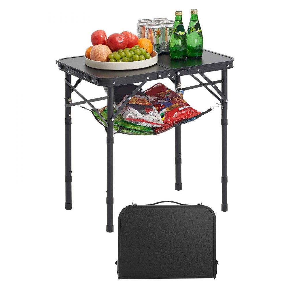VEVOR Folding Camping Table, Adjustable Height Portable Side Tables, Aluminum MDF Beach Table with Mesh Layer, Carrying