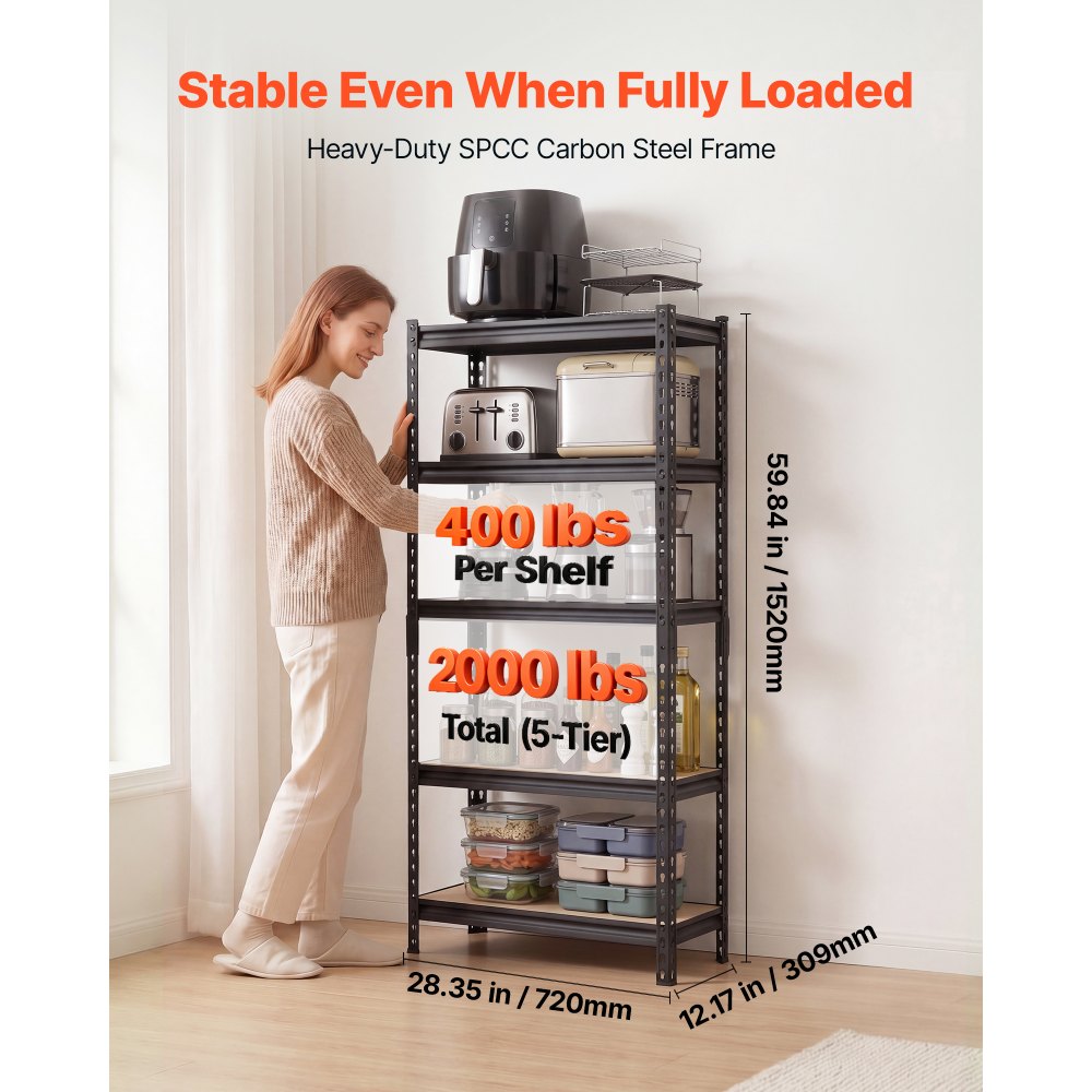 VEVOR Storage Shelves, 5-Tier Adjustable, 2000 lbs Capacity, Heavy Duty Garage Storage Shelving Unit, Metal Utility