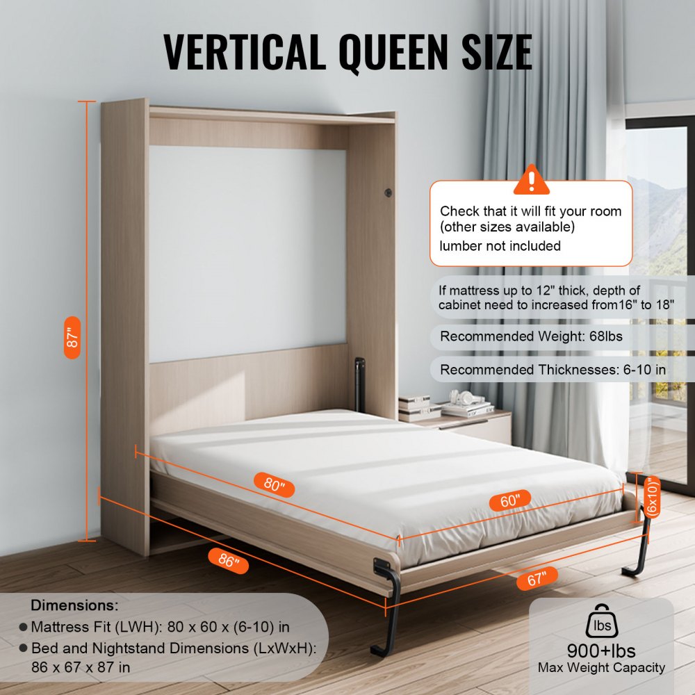 VEVOR Murphy Bed Kit, Queen Size, Vertical Deluxe DIY Wall Bed Mechanical Hardware Kit, Pneumatic Lever Heavy Duty Bed