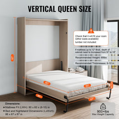 VEVOR Murphy Bed Kit, Queen Size, Vertical Deluxe DIY Wall Bed Mechanical Hardware Kit, Pneumatic Lever Heavy Duty Bed