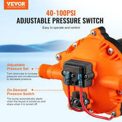 VEVOR Water Diaphragm Pump, 12V DC, 5.5 GPM Flow, 70 PSI Rated Pressure (40-100 PSI Adjustable), 1/2" MNPT Self Priming