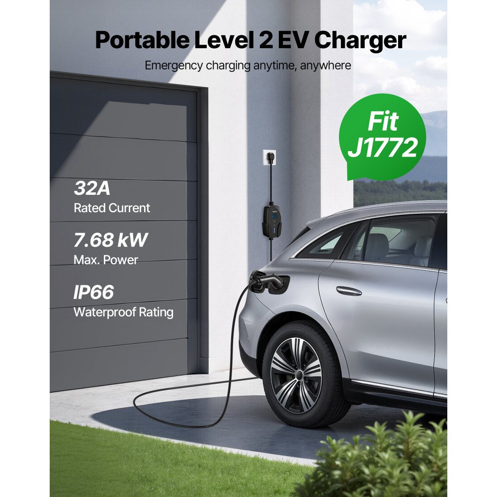VEVOR Level 2 EV Charger, 32 Amp Adjustable Current, 240V Electric Vehicle Portable Charger with 25 ft Charging Cable