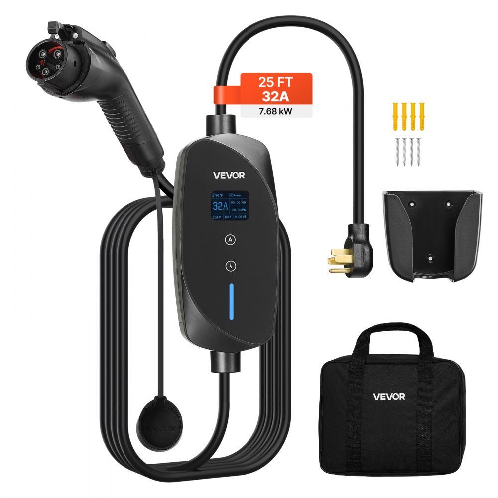 VEVOR Level 2 EV Charger, 32 Amp Adjustable Current, 240V Electric Vehicle Portable Charger with 25 ft Charging Cable