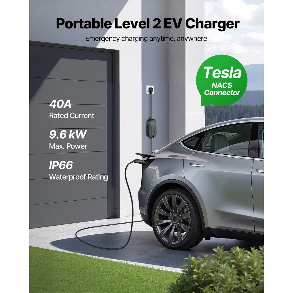 VEVOR Level 2 Tesla Charger, 40 Amp Adjustable Current, 240V Portable Home Electric Car EV Charger with 25 ft Charging