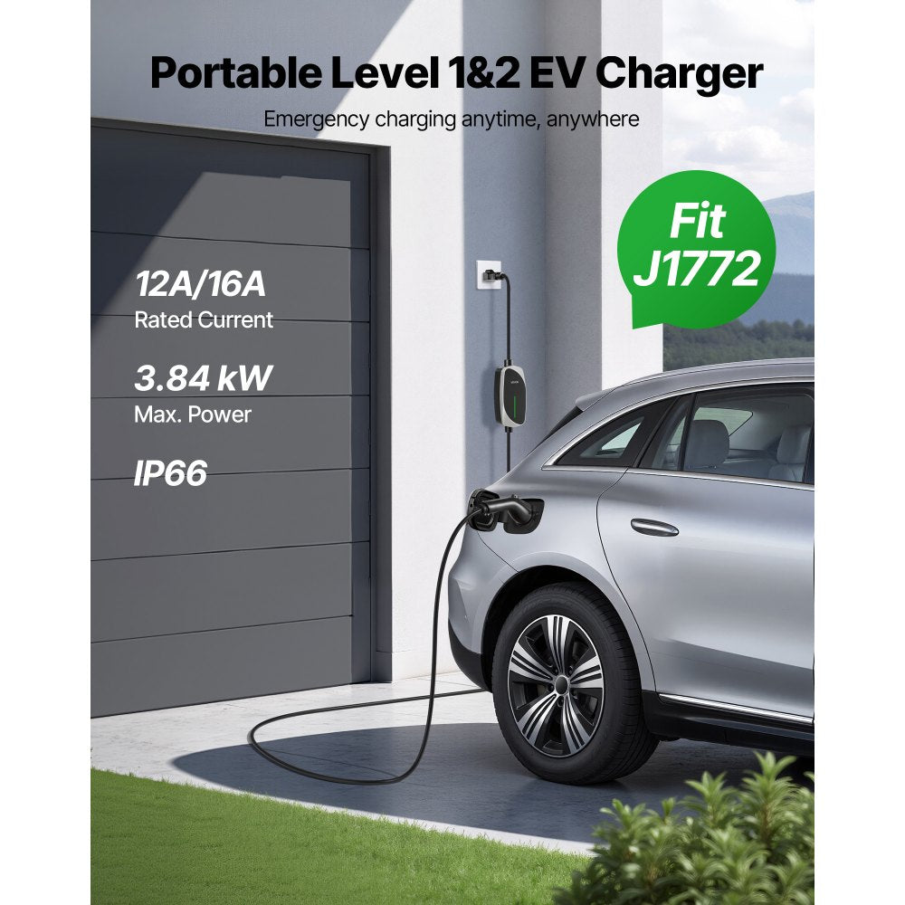 VEVOR Level 1&2 EV Charger, 16 Amp, Electric Vehicle Portable Charger with 25 ft Charging Cable, 120V-240V, NEMA 6-20P
