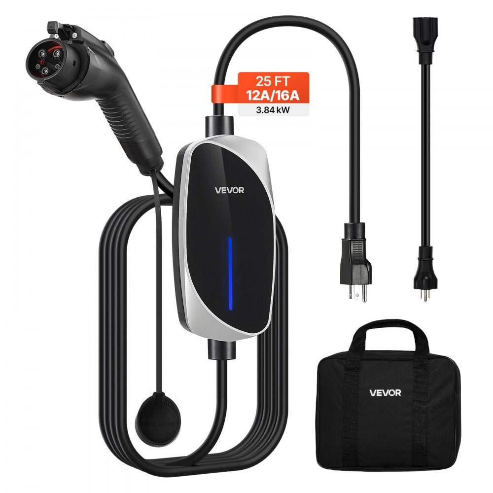 VEVOR Level 1&2 EV Charger, 16 Amp, Electric Vehicle Portable Charger with 25 ft Charging Cable, 120V-240V, NEMA 6-20P
