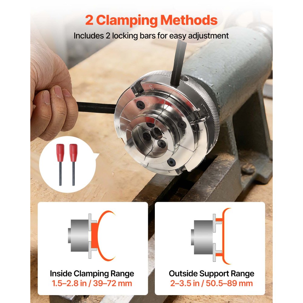 VEVOR 4 Inch Wood Lathe Chuck, 4-Jaw, Self-Centering Wood Turning Chuck Set with 1" x 8TPI Thread & Adapter