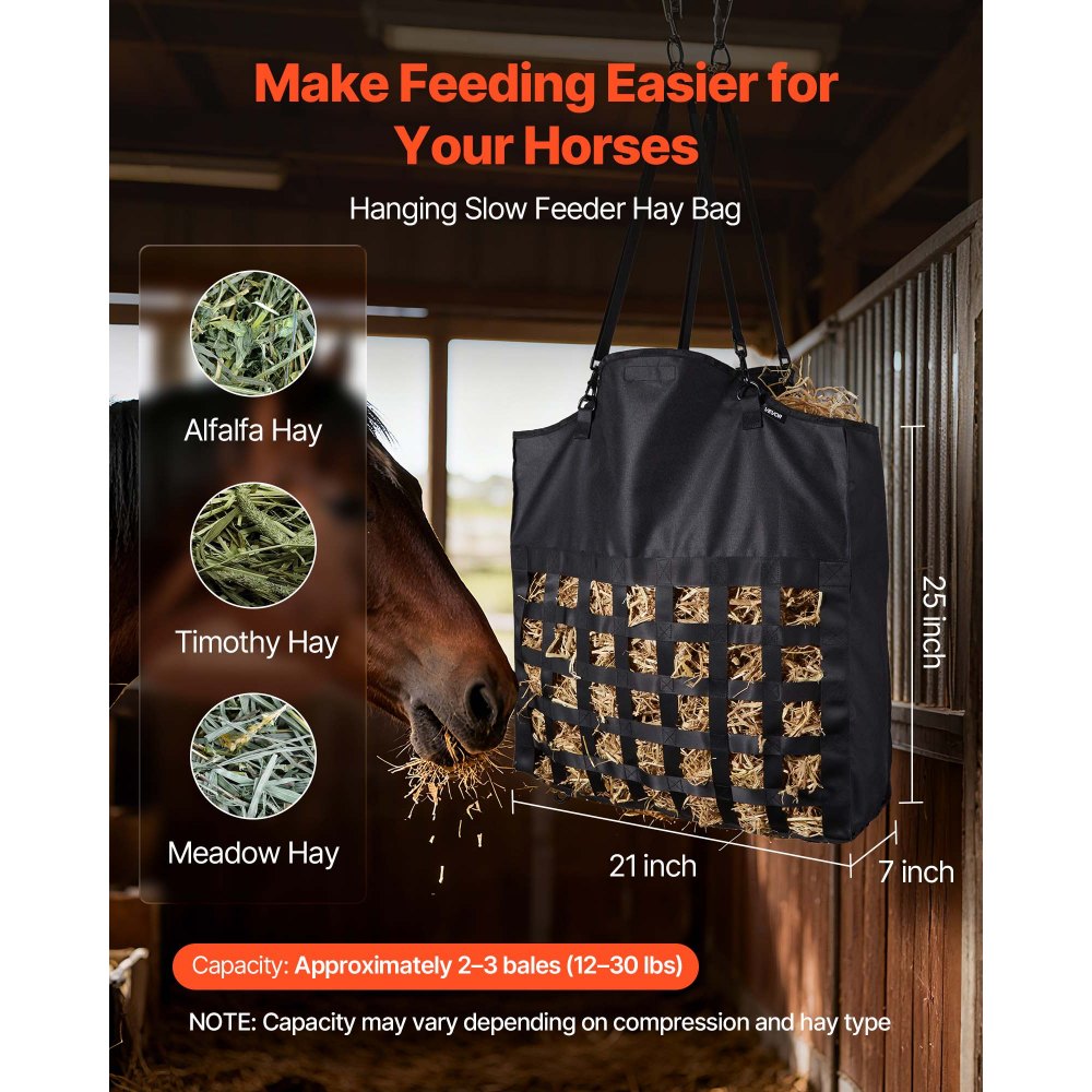 VEVOR Hay Bag for Horses, 21.65 x 7.28 x 25.2 in, 1.81 x 1.81 in Holes, Premium Nylon Construction with PVC Waterproof