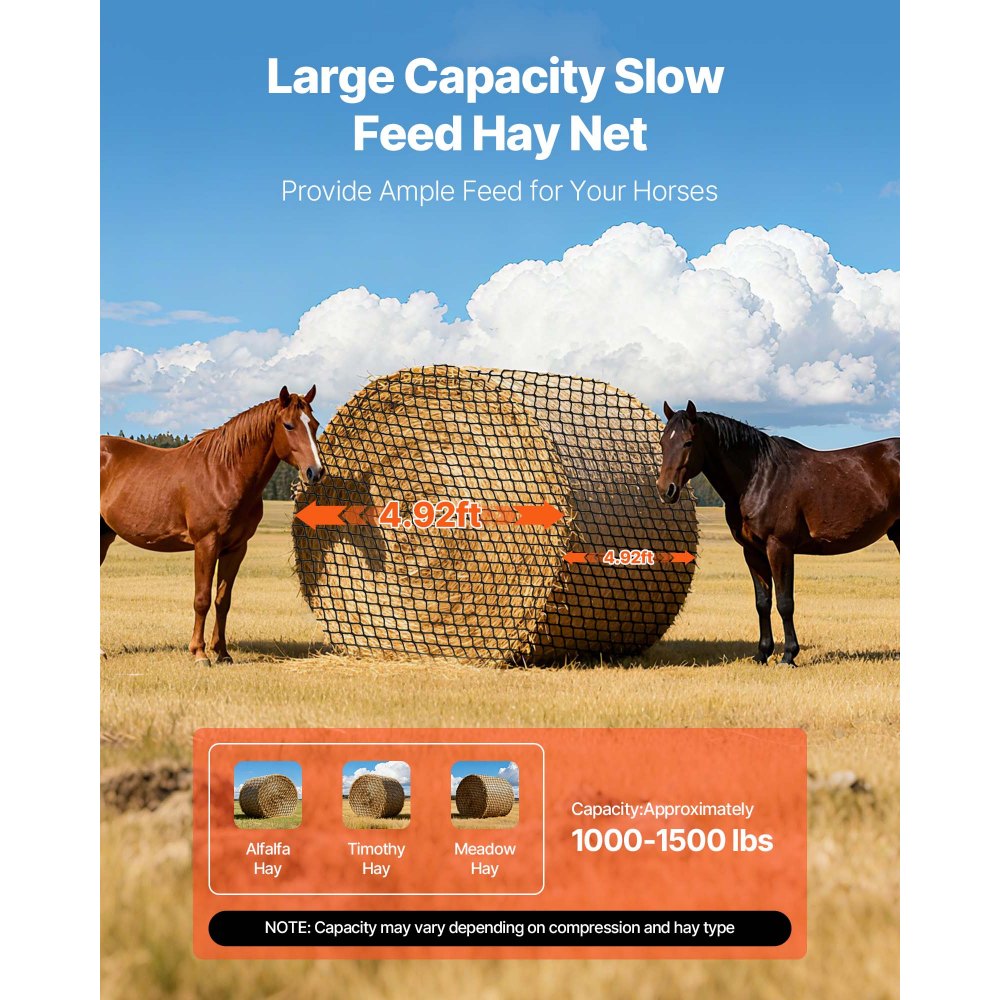 VEVOR Round Bale Hay Net, 4.92 x 4.92 x 4.92 ft, 1.5 inch Holes, PE Material, Knotless Design, with Zip Ties, Needle