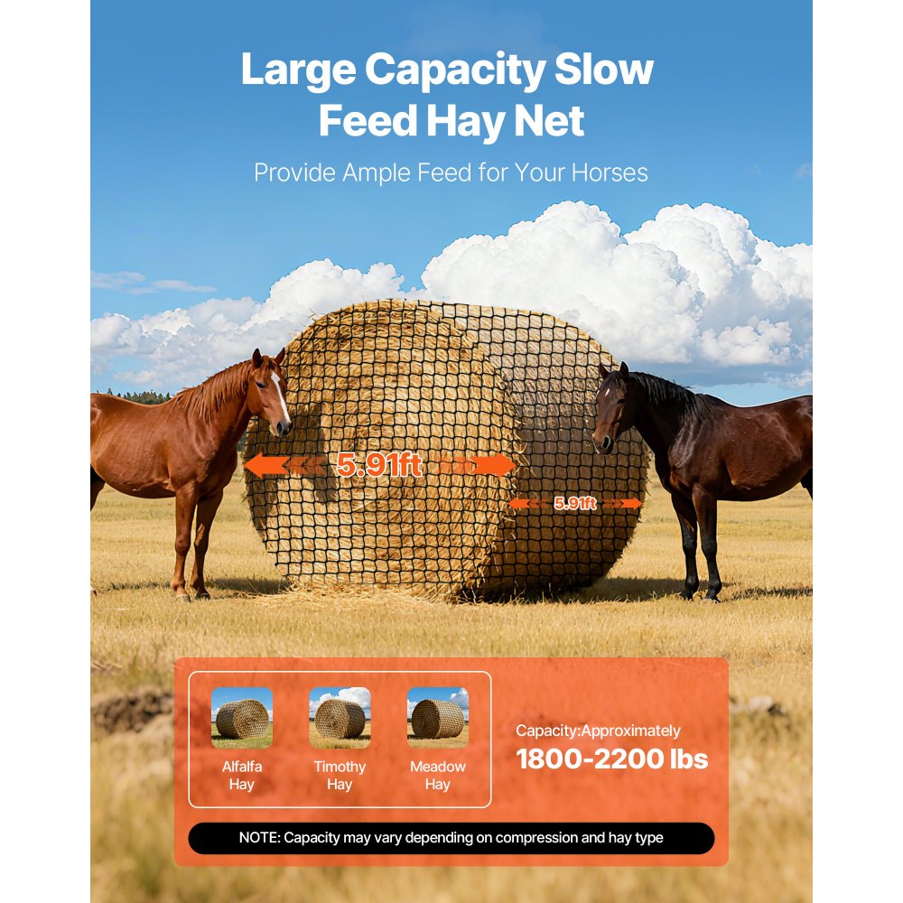 VEVOR Round Bale Hay Net, 5.91 x 5.91 x 5.91 ft, 1.5 inch Holes, PE Material, Knotless Design, with Zip Ties, Needle