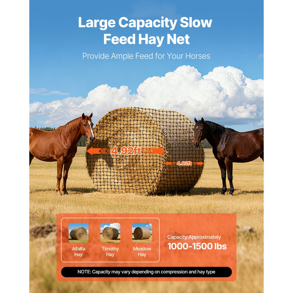 VEVOR Round Bale Hay Net, 4.92 x 4.92 x 4.92 ft, 1.75 inch Holes, PE Material, Reinforced Knotted Design, with Zip