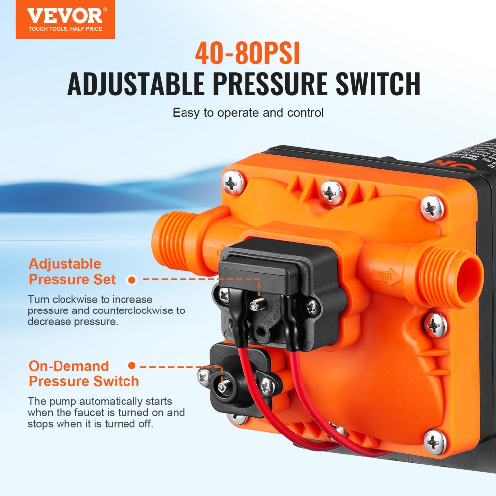 VEVOR Water Diaphragm Pump, 12V DC, 3.5 GPM Flow, 55 PSI Rated Pressure (40-80 PSI Adjustable), 1/2" MNPT Self Priming