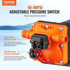 VEVOR Water Diaphragm Pump, 12V DC, 3.5 GPM Flow, 55 PSI Rated Pressure (40-80 PSI Adjustable), 1/2" MNPT Self Priming