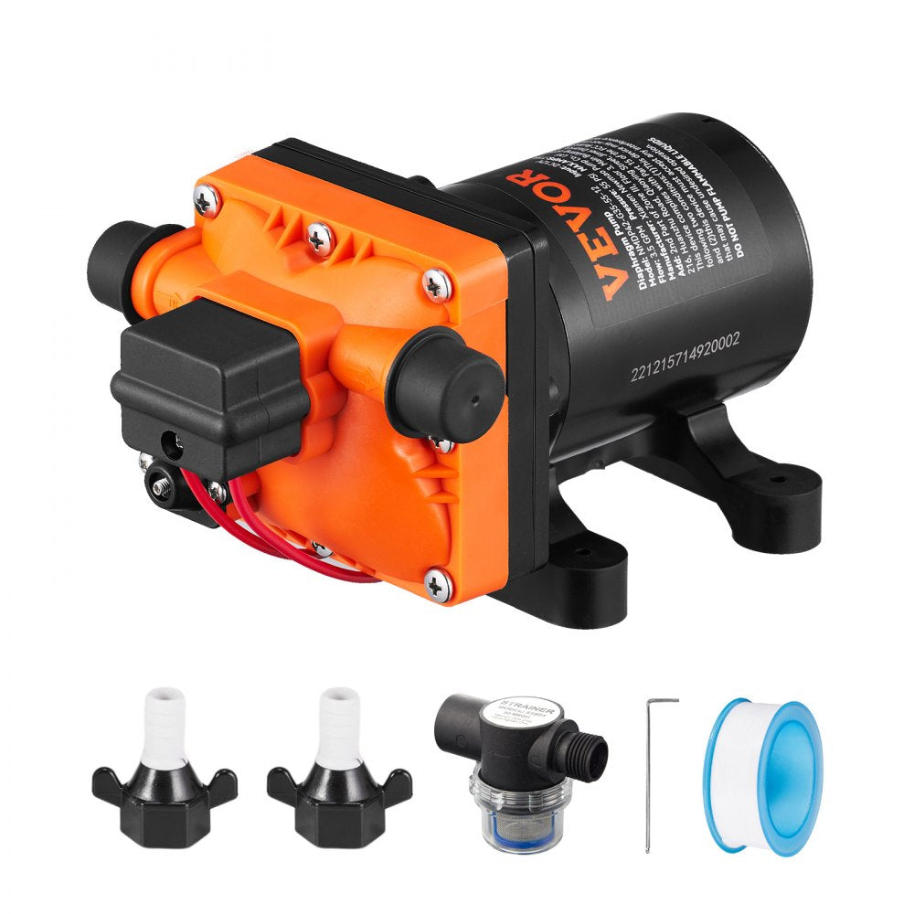 VEVOR Water Diaphragm Pump, 12V DC, 3.5 GPM Flow, 55 PSI Rated Pressure (40-80 PSI Adjustable), 1/2" MNPT Self Priming