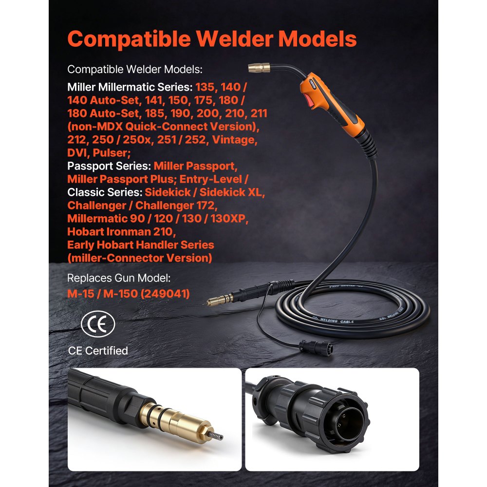 VEVOR 150A MIG Welding Gun with 15FT Cable, Replacement for Miller M-15/M-150 (249041) - with 5PCS Mig Welding Contact