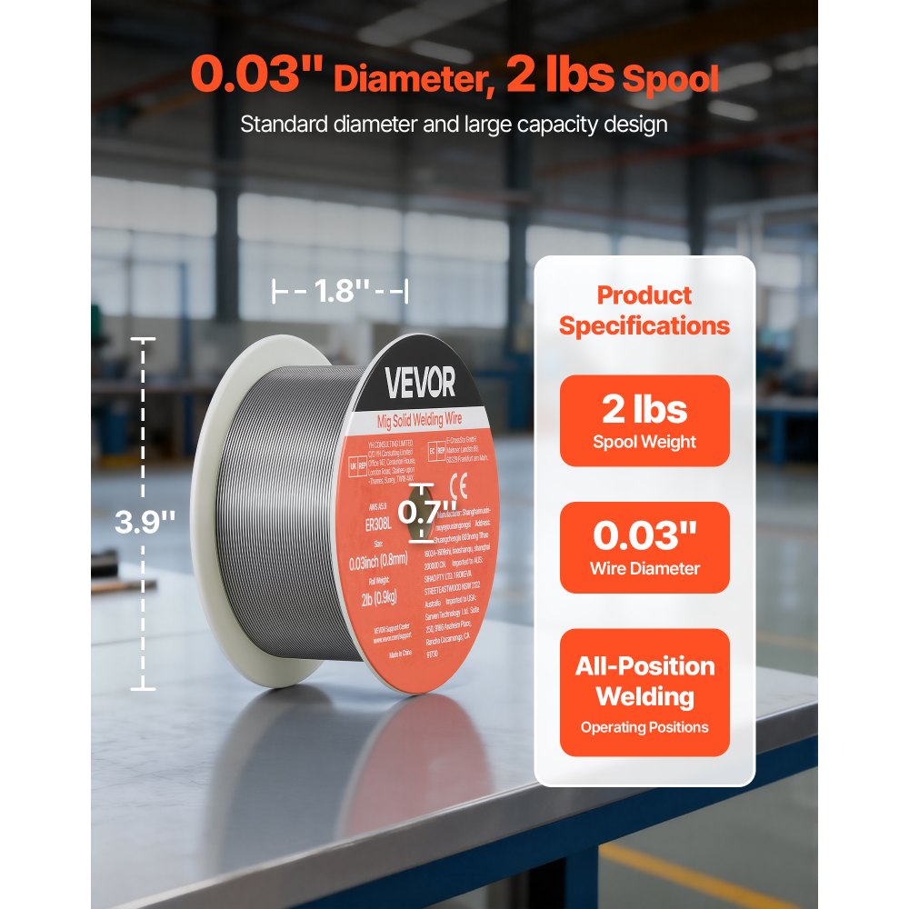 VEVOR Solid MIG Welding Wire, ER308L 0.03-inch 2 LBS, Low Spatter Stainless Steel Welding Wire with High Feedability