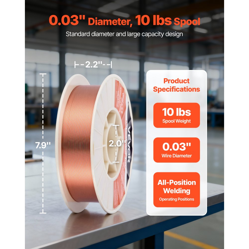 VEVOR Solid MIG Welding Wire, ER70S-6 0.03-inch 10 LBS, Low Spatter Mild Steel Welding Wire with High Deoxidizers for
