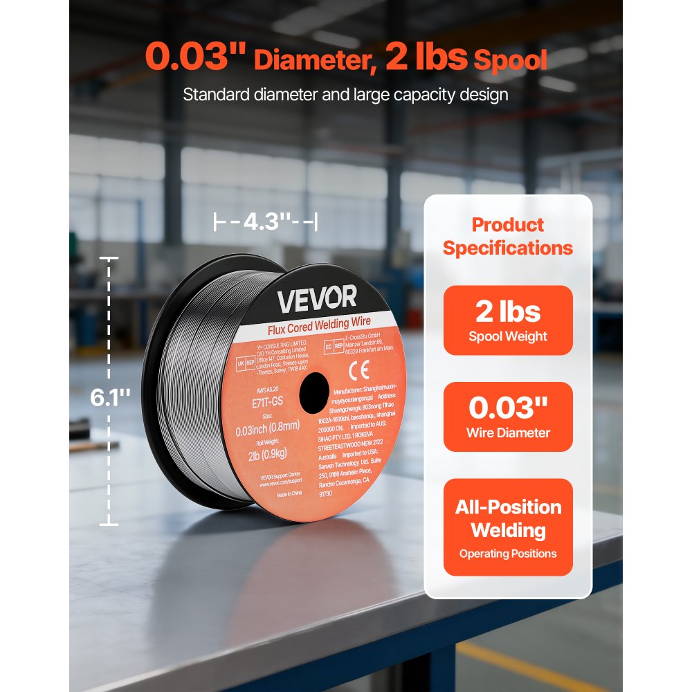 VEVOR Flux Core MIG Welding Wire, E71T-GS 0.03-inch 2 LBS, Gasless Mild Steel Welding Wire with Low Spatter for All