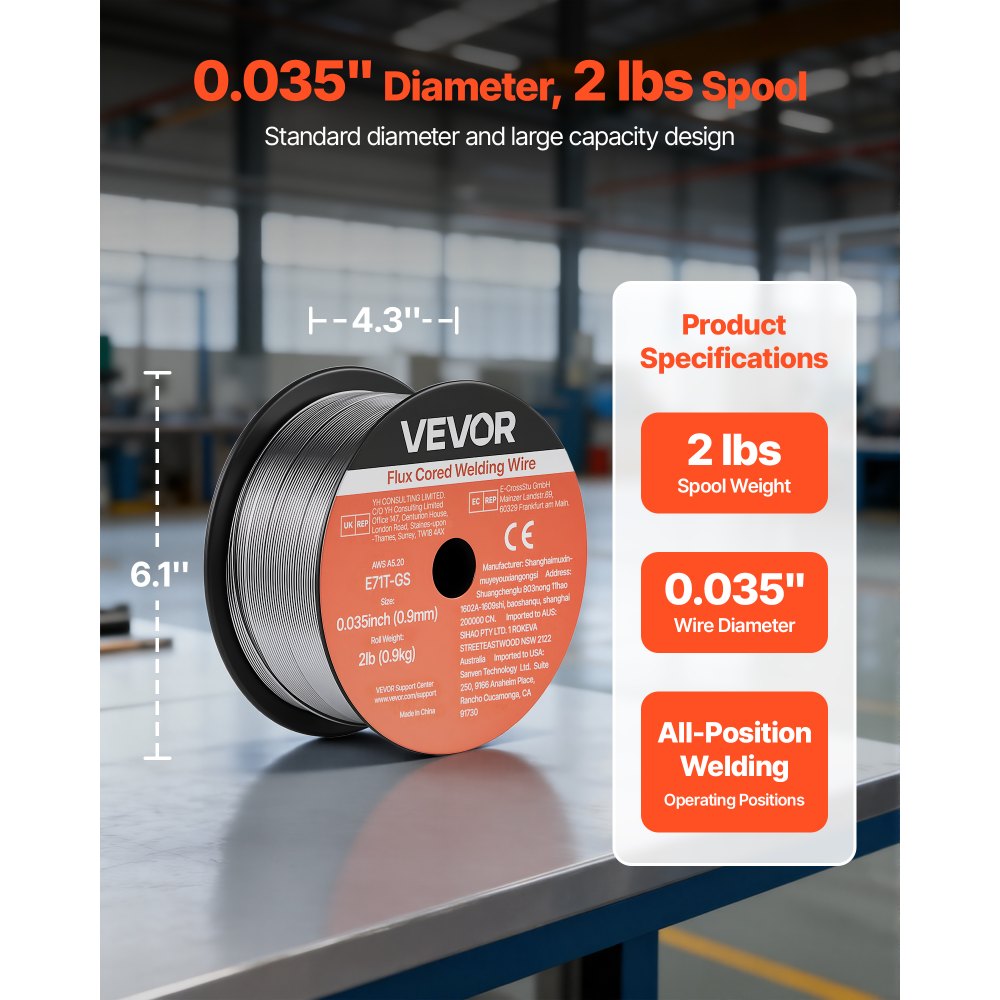 VEVOR Flux Core MIG Welding Wire, E71T-GS 0.035-inch 2 LBS, Gasless Mild Steel Welding Wire with Low Spatter for All