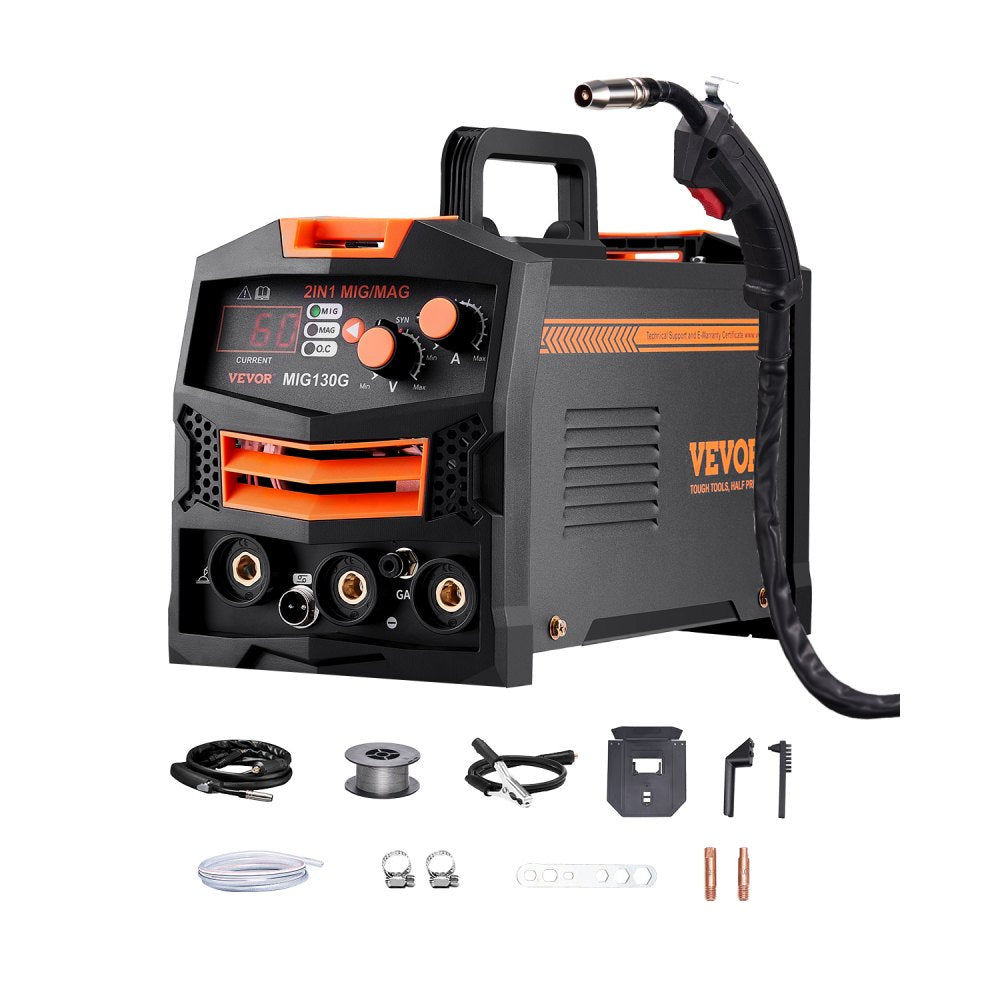 VEVOR MIG Welder, 130A Synergic Mig Welding Machine, 2-in-1 Gas MIG/Gasless Flux Core MIG Multi-Process Welder Machine