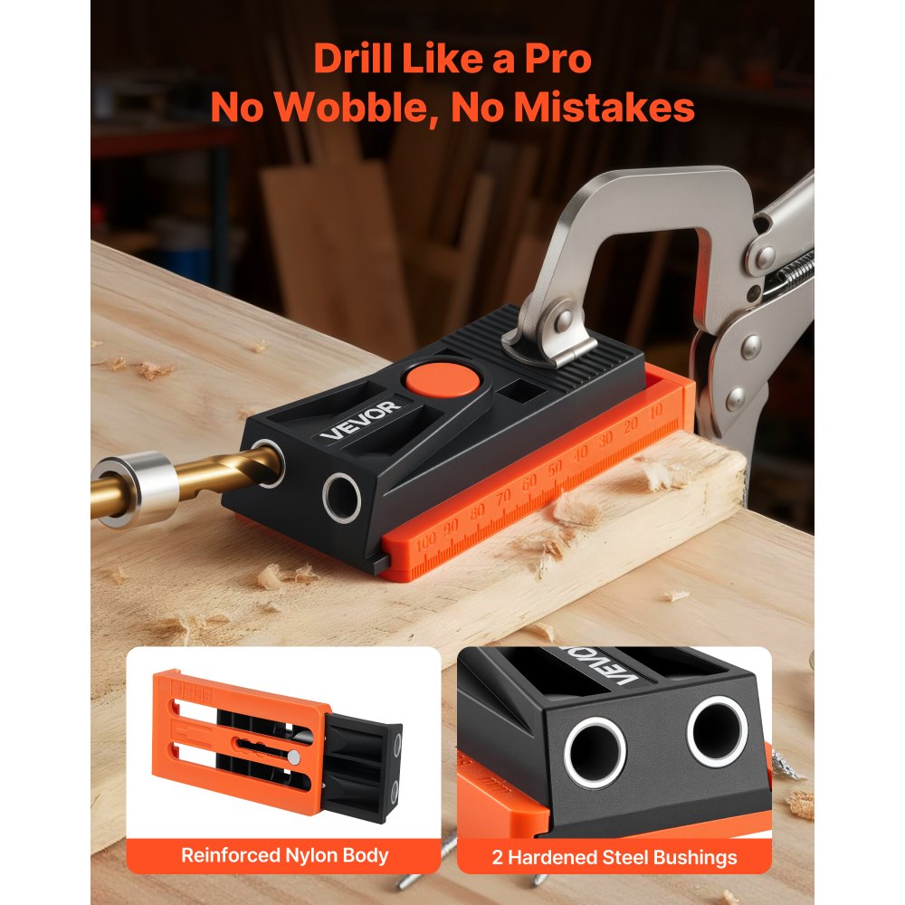 VEVOR Pocket Hole Jig Kit, 1/2 to 1-1/2 in Adjustable, Mini Jig Pocket Hole System with Step Drill, Hex Wrench, Drill