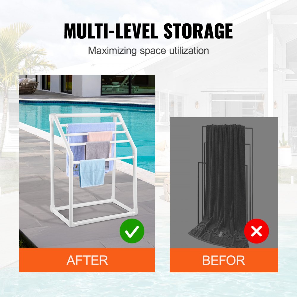 VEVOR Towel Rack, 5 Bars Outdoor PVC Towel Holder, Freestanding Pool Towel Hanger Stand with Clips, Bag & Hook, Outdoor
