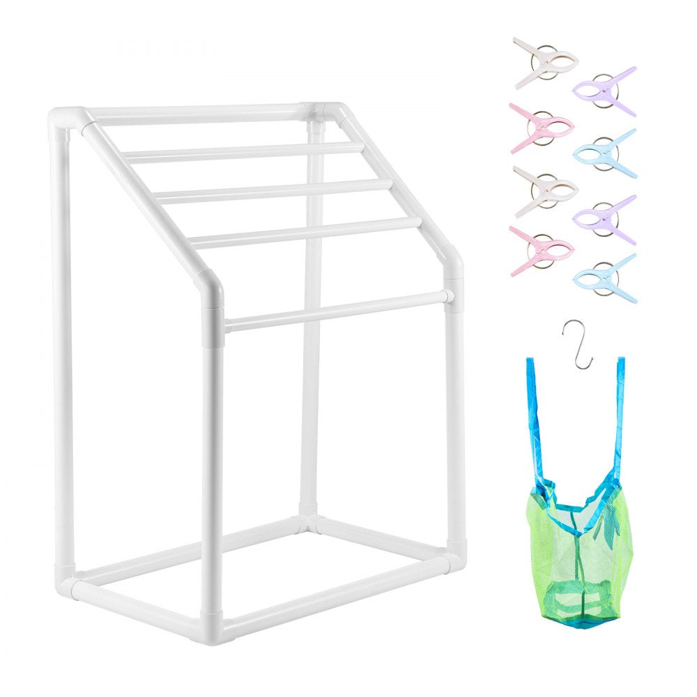 VEVOR Towel Rack, 5 Bars Outdoor PVC Towel Holder, Freestanding Pool Towel Hanger Stand with Clips, Bag & Hook, Outdoor