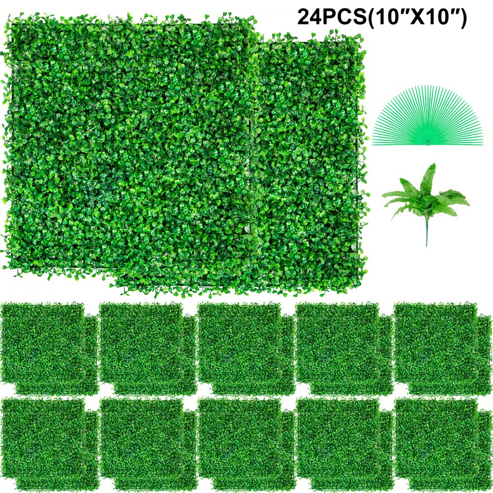 VEVOR Artificial Boxwood Panel UV 24pcs Boxwood Hedge Wall Panels Artificial Grass Backdrop Wall 10" X 10" 4 cm Green