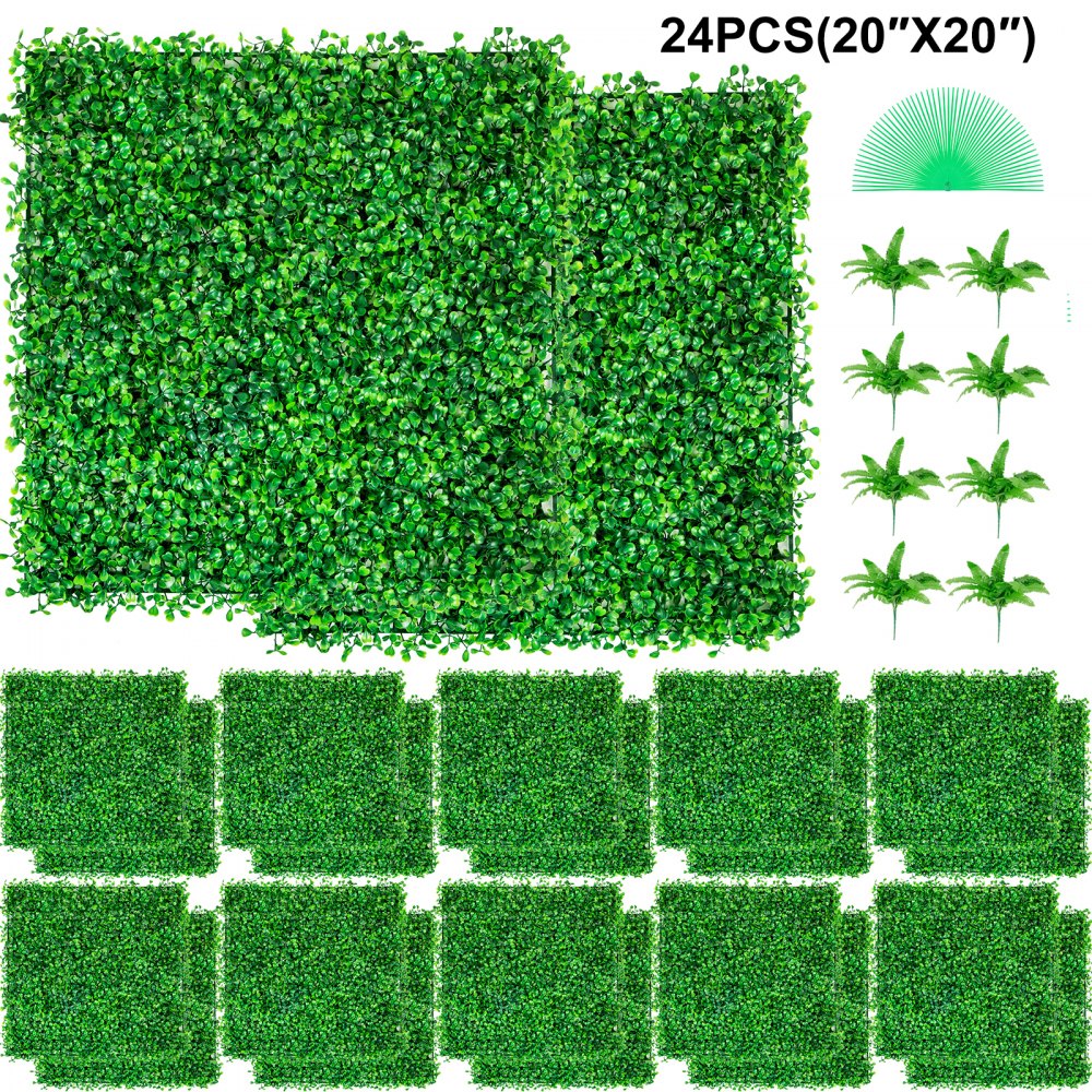 VEVOR Artificial Boxwood Panel UV 24pcs Boxwood Hedge Wall Panels Artificial Grass Backdrop Wall 20" X 20" 4 cm Green