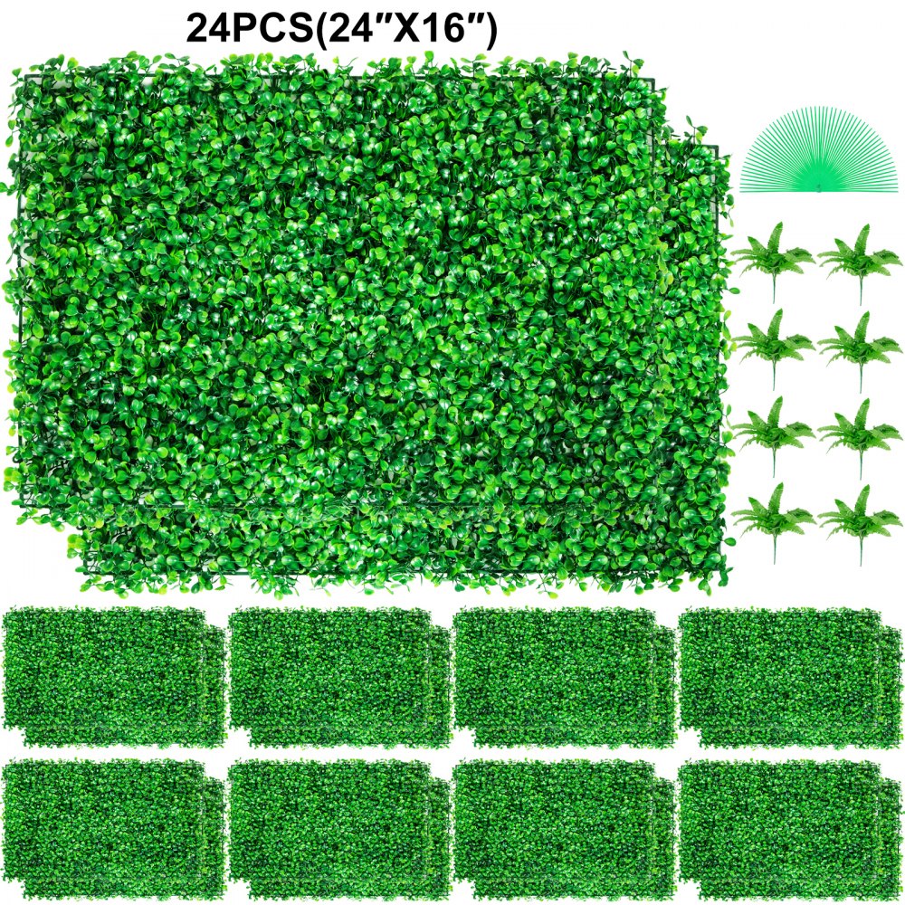 VEVOR Artificial Boxwood Panel UV 24pcs Boxwood Hedge Wall Panels Artificial Grass Backdrop Wall 24" X 16" 4 cm Green