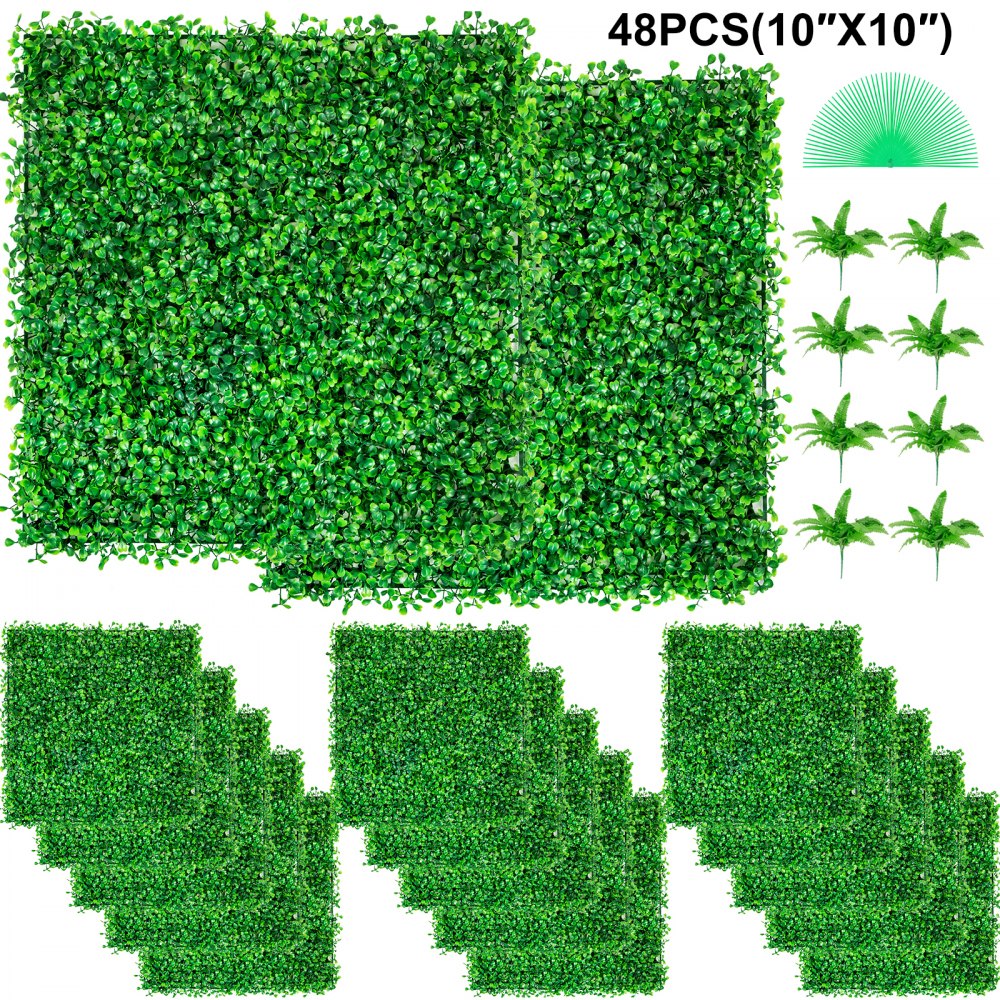 VEVOR Artificial Boxwood Panel UV 48pcs Boxwood Hedge Wall Panels Artificial Grass Backdrop Wall 10X10" 4cm Green Grass