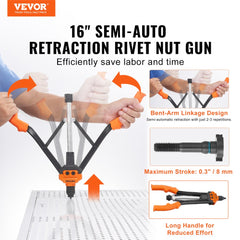 VEVOR Rivet Nut Tool, 16 inch Rivnut Tool Kit with 13PCS Metric and SAE Mandrels, 186PCS Rivet Nuts, Semi-auto