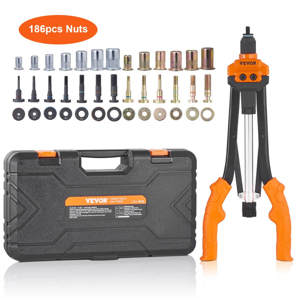 VEVOR Rivet Nut Tool, 16 inch Rivnut Tool Kit with 13PCS Metric and SAE Mandrels, 186PCS Rivet Nuts, Semi-auto