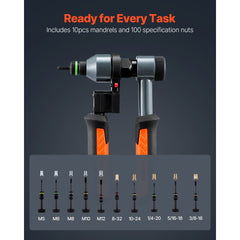 VEVOR Rivet Nut Tool Kit, 9-Inch Ratchet Rivnut Tool Kit, with 10 Mandrels and 100 Nuts, Metric and SAE Size M5, M6