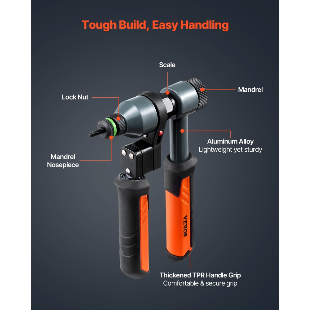 VEVOR Rivet Nut Tool Kit, 9-Inch Ratchet Rivnut Tool Kit, with 10 Mandrels and 100 Nuts, Metric and SAE Size M5, M6
