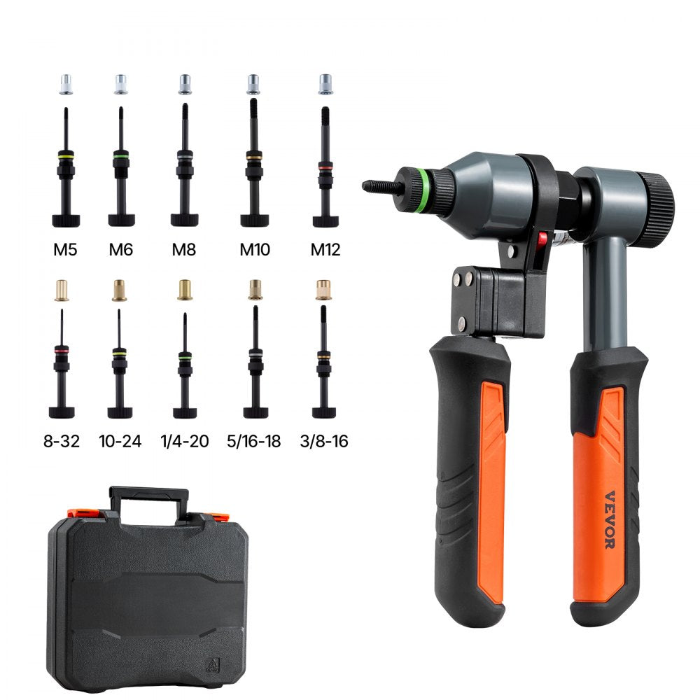 VEVOR Rivet Nut Tool Kit, 9-Inch Ratchet Rivnut Tool Kit, with 10 Mandrels and 100 Nuts, Metric and SAE Size M5, M6
