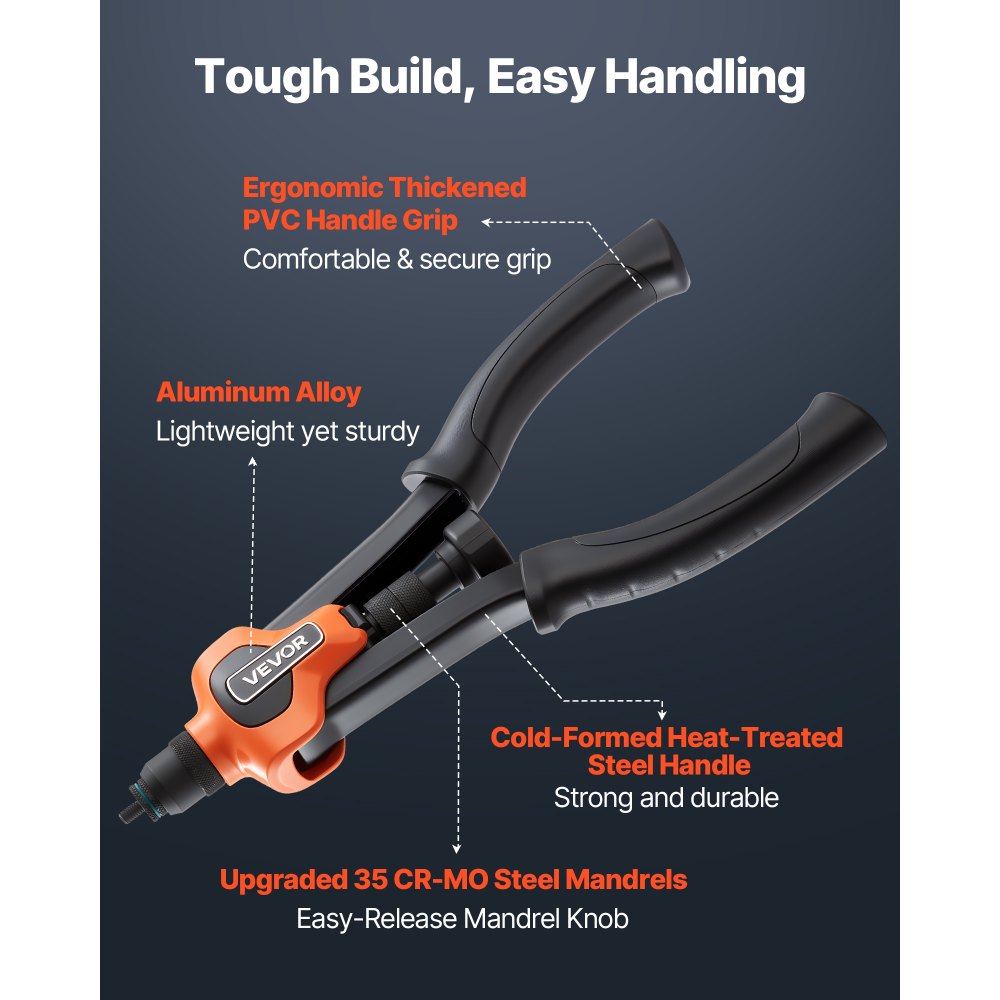VEVOR Rivet Nut Tool Kit, 14-Inch Two-Handed Rivnut Tool Kit, with 7 Mandrels and 70 Nuts, Metric and SAE Size M6, M8