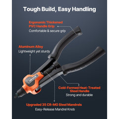 VEVOR Rivet Nut Tool Kit, 14-Inch Two-Handed Rivnut Tool Kit, with 7 Mandrels and 70 Nuts, Metric and SAE Size M6, M8
